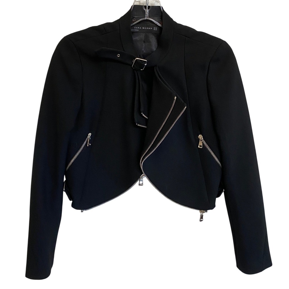 Zara Woman Black Cropped Asymmetric Moto Biker Jacket Edgy Zip XS knit‎